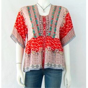 Johnny Was Red and Gray Floral Blouse